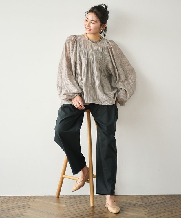 #Newans シアーチェックボリュームブラウス ベージュ