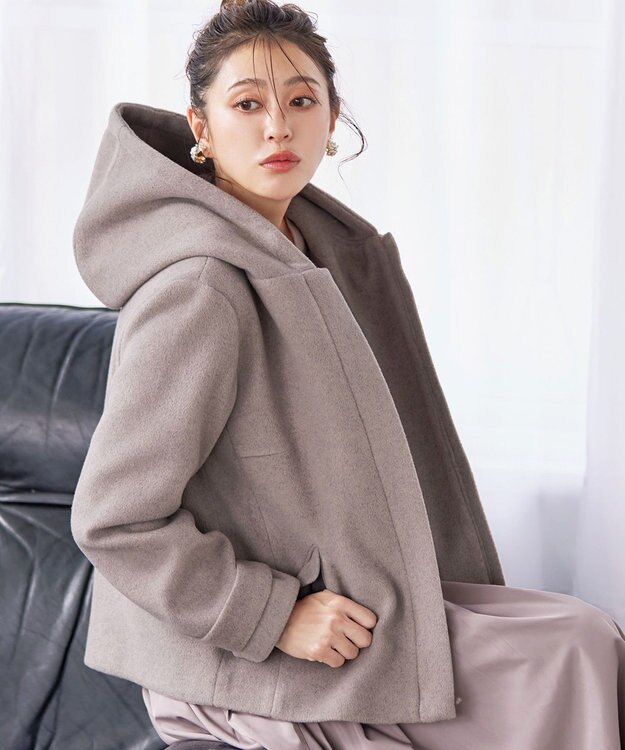 Tiaclasse ウールライクフーデットショートコート モカ