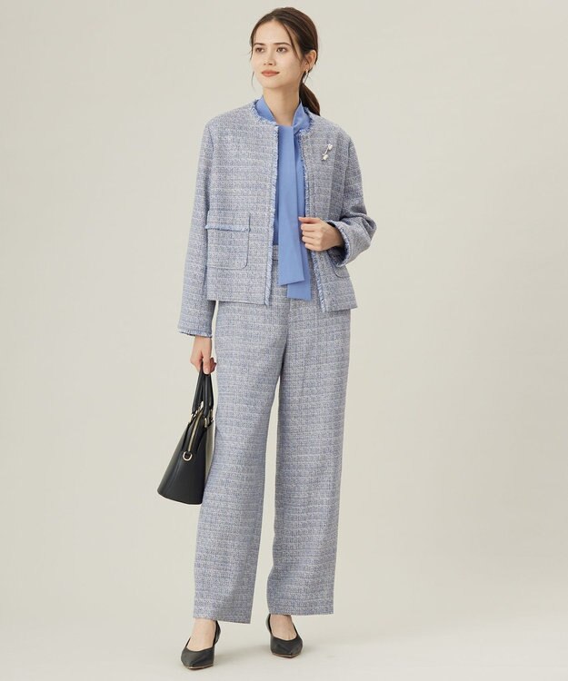 自由区 【セットアップ対応・洗える】ライトミックスツイード ジャケット ライトブルー