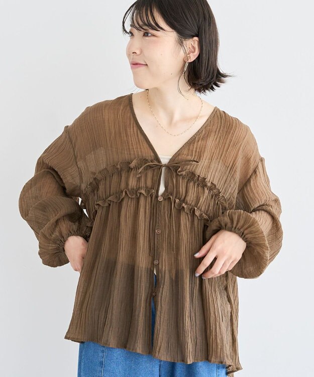 Green Parks Ｖネックフリルシアープリーツブラウス Brown