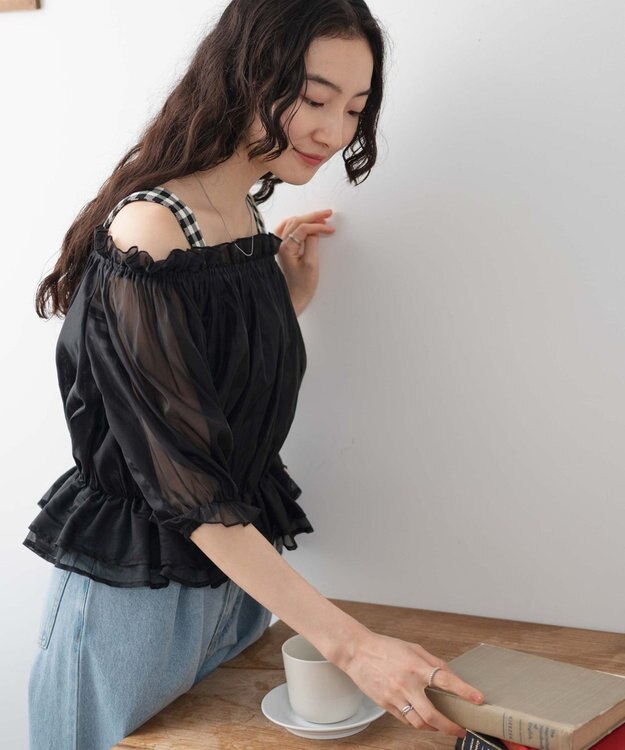 WEGO 【２点セット】キャミSETオーガンジーオフショルブラウス ブラック