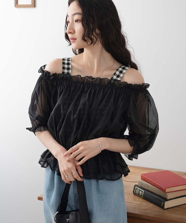 WEGO 【２点セット】キャミSETオーガンジーオフショルブラウス ブラック