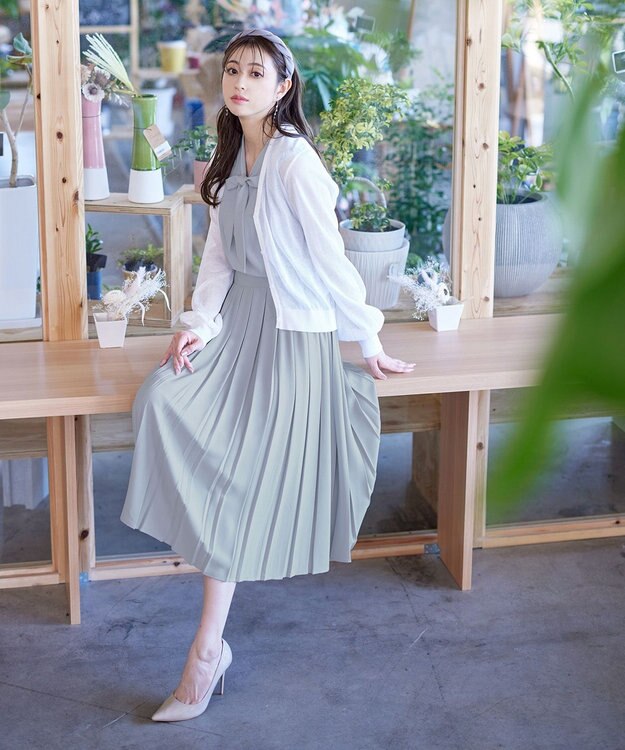 Tiaclasse L 【洗える】リボンタイプリーツワンピース サックス