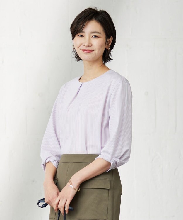 J.PRESS LADIES L ピンストライプジャージー ボリュームスリーブ カットソー ふじ色系1