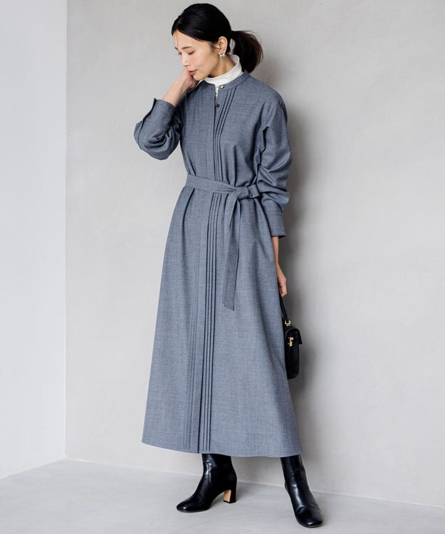 23区 【洗える】ウールストレッチツイル シャツワンピース ライトグレー