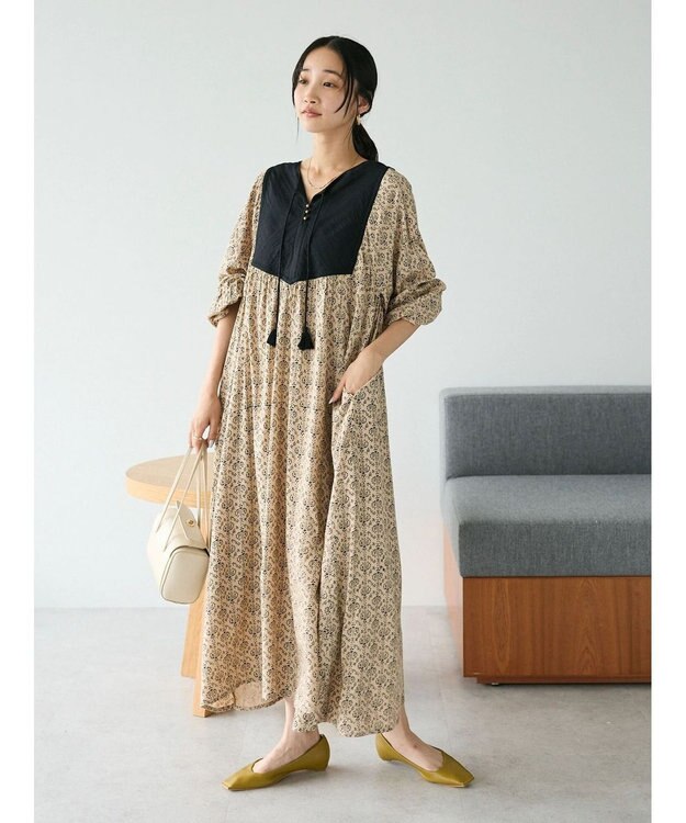 CRAFT STANDARD BOUTIQUE レーヨンキルト切替ワンピース Beige