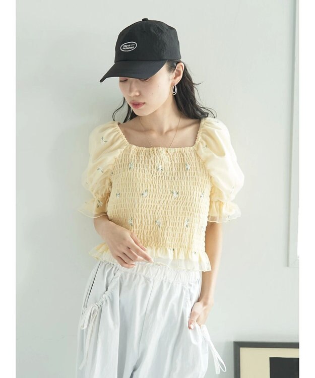 earth music&ecology フラワー刺繍ブラウス Yellow