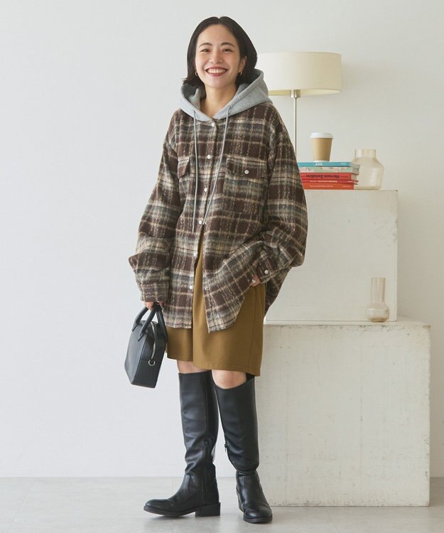 AMERICAN HOLIC フード付きシャギーチェックシャツ Navy