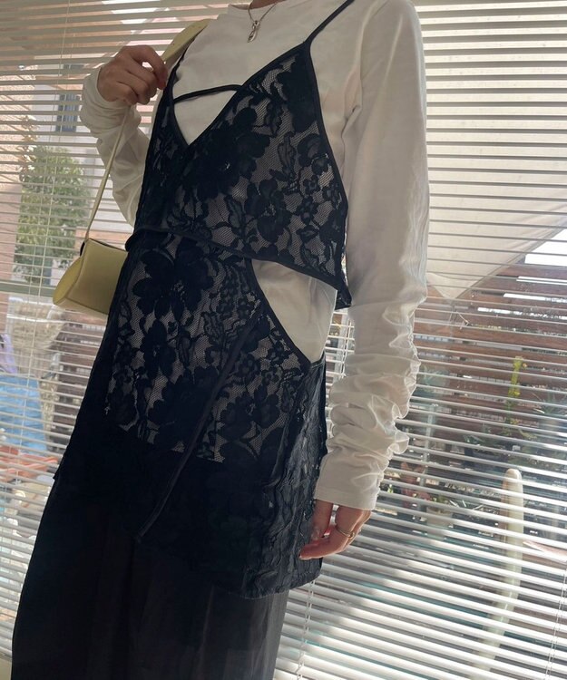 Green Parks AnriettMusee シャーリングスリーブＴシャツ＋レースキャミソールＳＥＴ Black