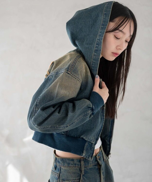 WEGO ヴィンテージウォッシュショートフードブルゾン デニム中濃加工色