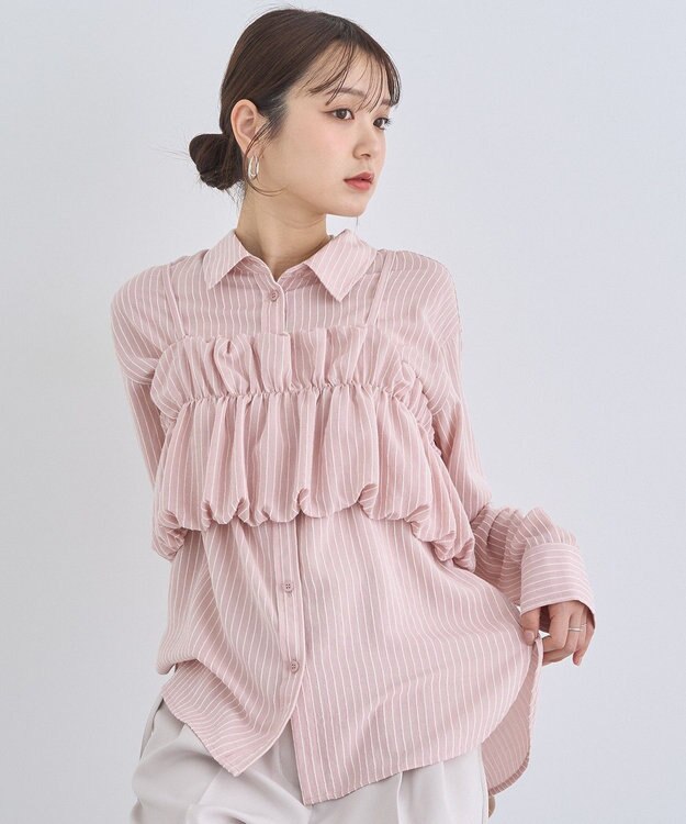 earth music&ecology ＳＥＴ２点起毛ストライプシャツ＋バルーンビスチェ Pink