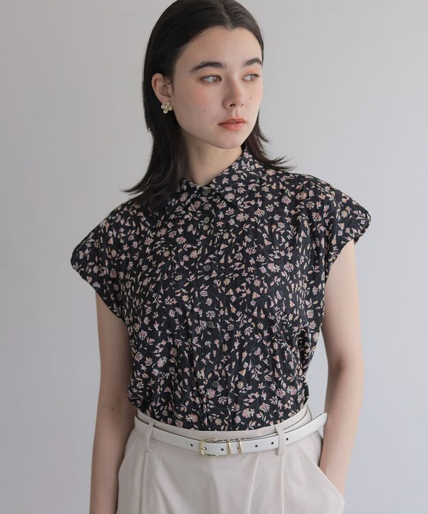 組曲 L ギャザーライトデシン ブラウス ブラック×ピンクフラワー系