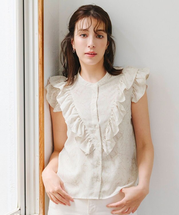 Tiaclasse 【新色追加・洗える】花柄フリルシャツブラウス ベージュ