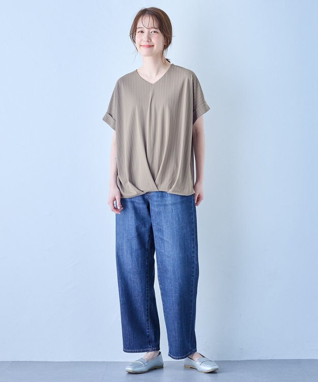 ANY カシュクールTシャツ ベージュストライプ