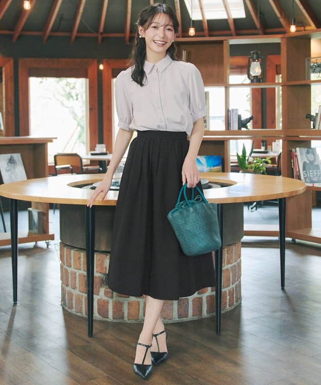 Tiaclasse 【新色追加・選べる丈】麻調タックフレアスカート ミモレ丈ブラック