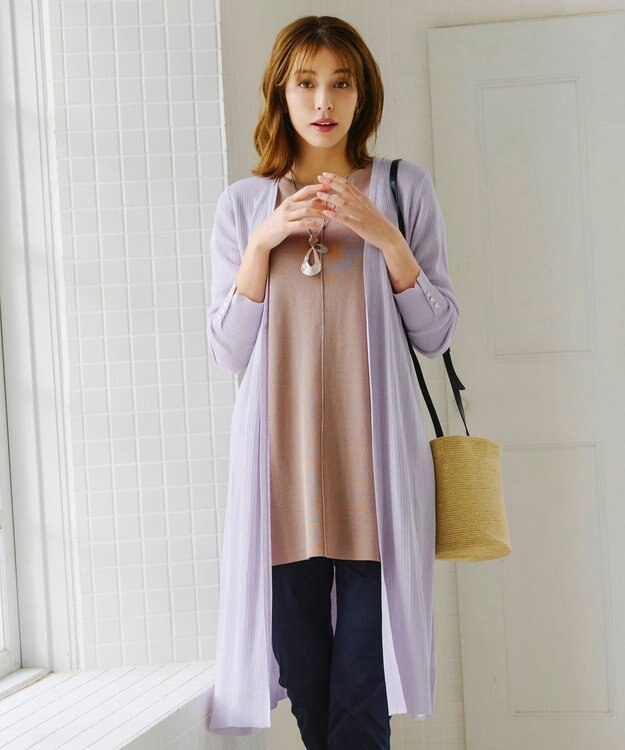 Tiaclasse 【洗える】ボタン付きロングリブカーディガン ラベンダー