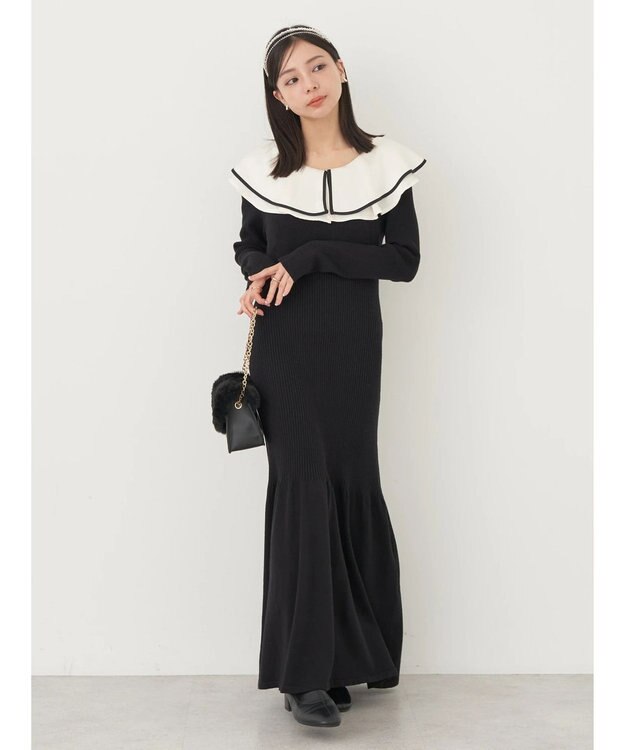 earth music&ecology パイピングフレアカラーニットワンピース Black