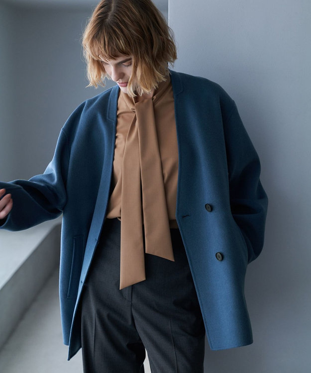 ICB WoolRever ノーカラーショートコート ブルーグレー系