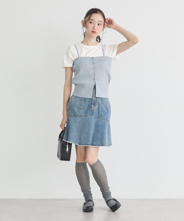 earth music&ecology ハイウエストフレアデニムスカート Light Indigo