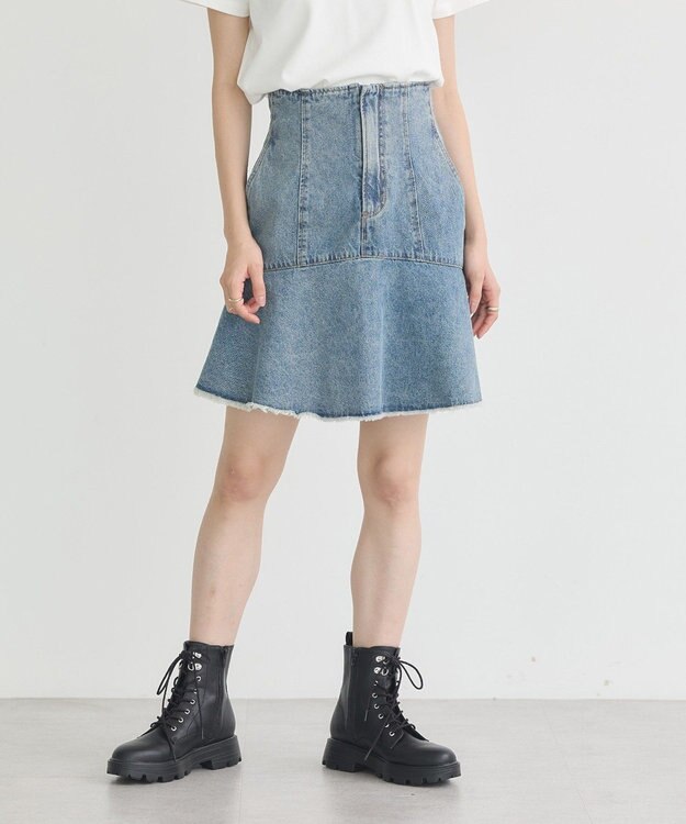 earth music&ecology ハイウエストフレアデニムスカート Light Indigo