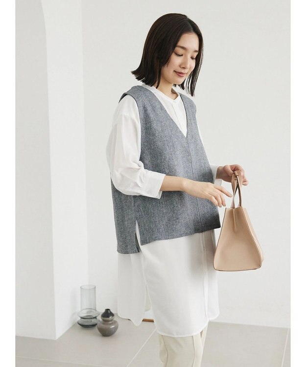 Green Parks ＳＥＴ２点Ｖネックベスト＋７分袖ミディシャツワンピース Gray Mixture