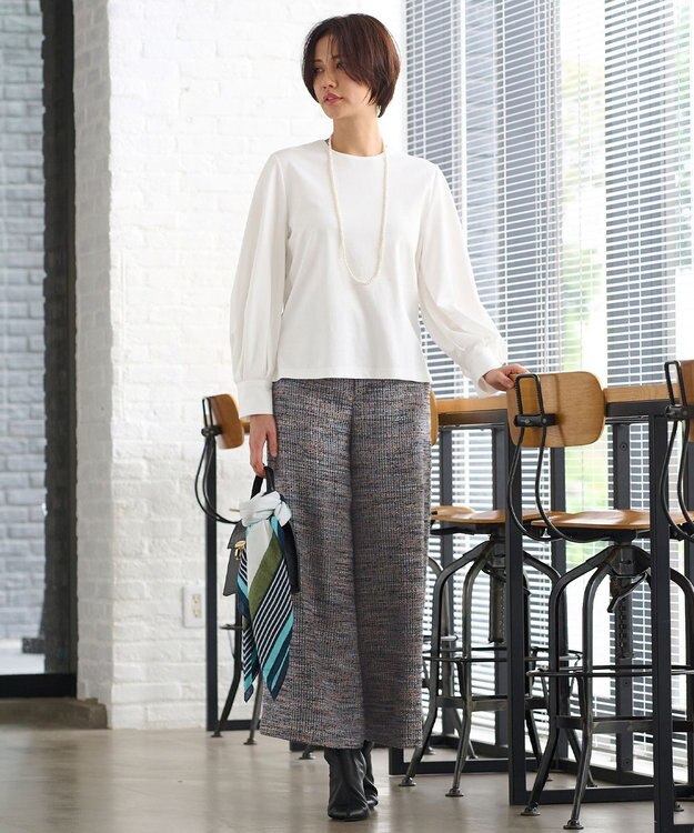 自由区 【洗える】エアリーツイードワイドクロップド パンツ グレイッシュミントミックス