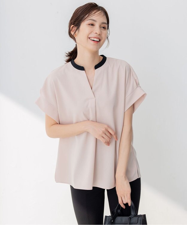 組曲 L 【洗える】バイカラージョーゼットスキッパー ブラウス ベージュ系