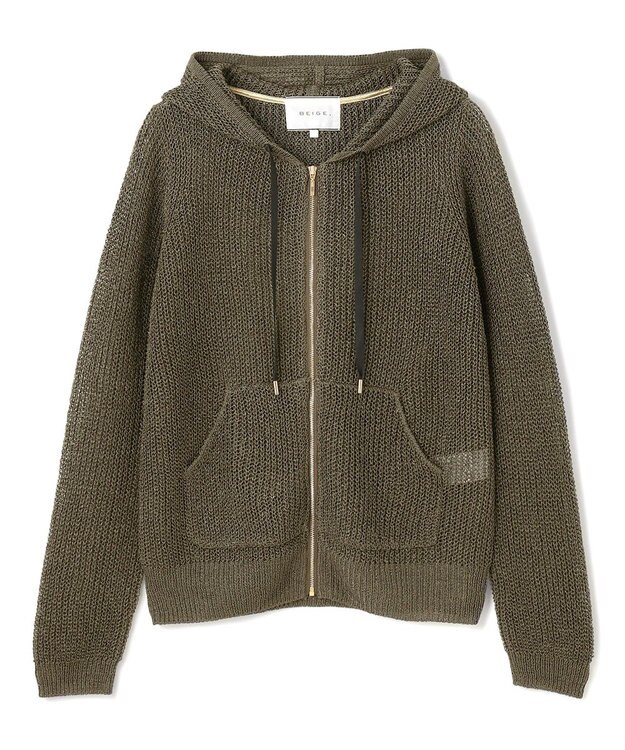 BEIGE， 【洗える】OPTICAL / ペーパーヤーンフーディージップニット Khaki
