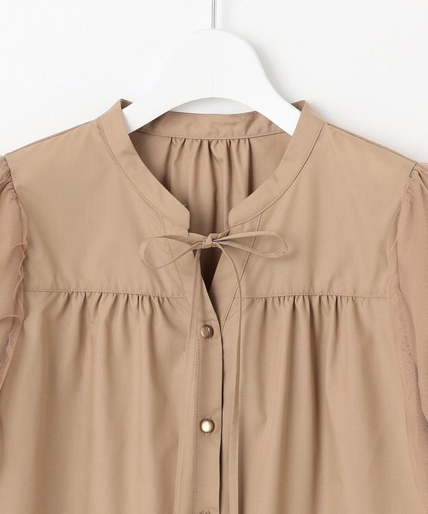 Feroux 袖チュールリボンスキッパー ブラウス ベージュ系