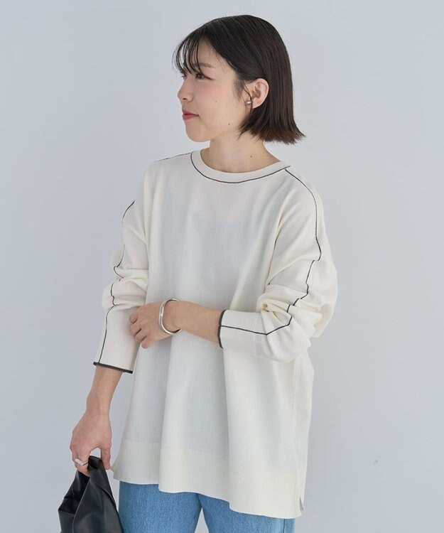 Green Parks アンチピリングライン入りニットプルオーバー Ivory