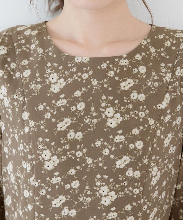 Tiaclasse L 【洗える】ギャザースリーブ花柄ワンピース モカ