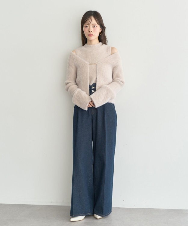 earth music&ecology SET2点チャーム付きシャギーニット＋インナー Pink Beige