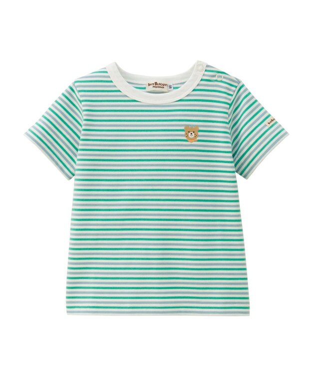 MIKI HOUSE HOT BISCUITS 【70-120cm】 みじんボーダー ワンポイント刺繍 半袖Tシャツ グリーン