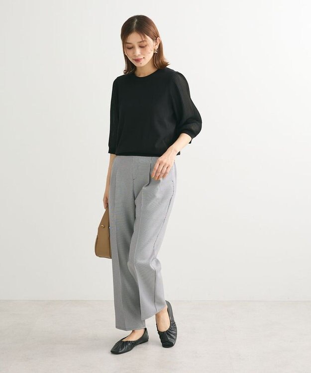 Green Parks 袖プリーツドッキング５分袖ニットプルオーバー Black