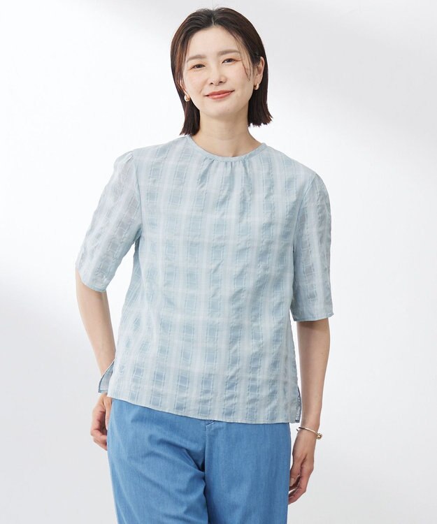 J.PRESS LADIES S 【洗える】SHEER チェック フレアスリーブ ブラウス アクアグリーン系