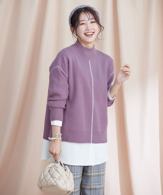 Tiaclasse 【洗える】配色切り替えニットトップス パープル