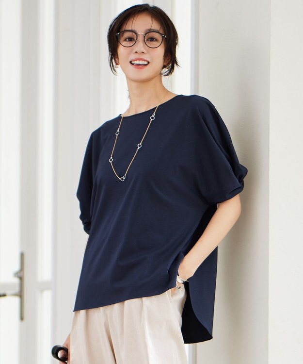 自由区 S 【接触冷感・UVカット・吸水速乾・抗菌防臭・洗える】ハイツイストポンチスリーブディティール カットソー ネイビー