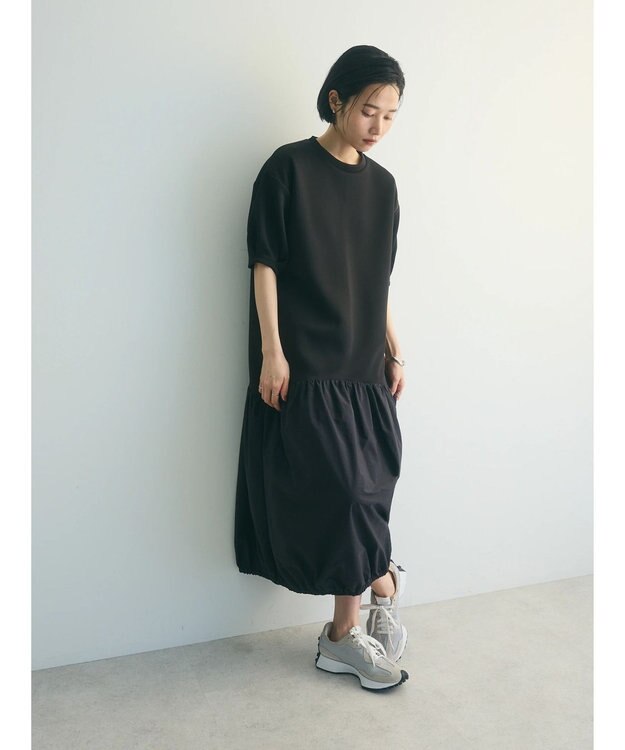 Green Parks ａ．異素材切り替えバルーンワンピース Charcoal Gray