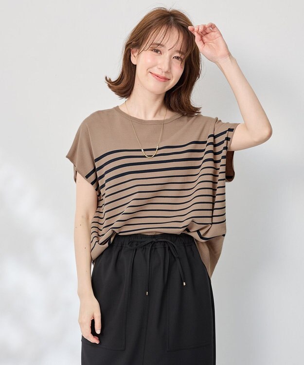 ANY 【洗濯機可/接触冷感/UVカット/アンチピリング】フレンチスリーブニットプルオーバー モカ×ネイビー