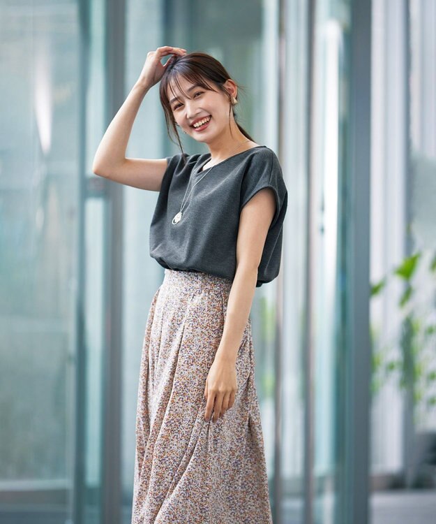 Tiaclasse 【洗える】異素材を組み合わせたカットソードッキングワンピース チャコール×ベージュフラワー