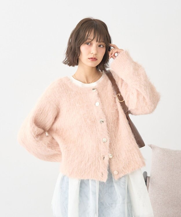 earth music&ecology クルーネックシャギーカーディガン ピンク
