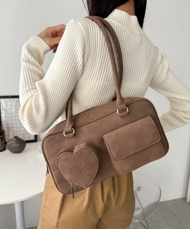 WEGO ハートポケットボストンバッグ ブラウン