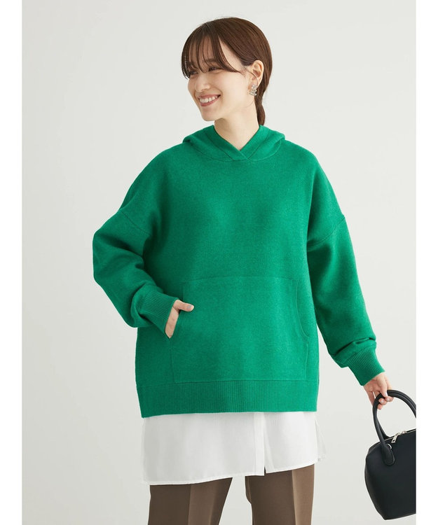 Green Parks スウェット風フード付ニットプルオーバー Green