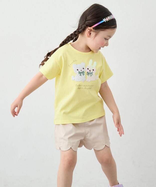 ANY KIDS 【綿100%】ドロップショルダーミラクルスパンコールTシャツ イエロー×アニマル