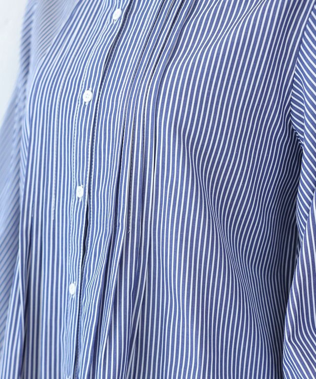 Tiaclasse 【洗える】パフ袖シャツチュニックブラウス ネイビーストライプ