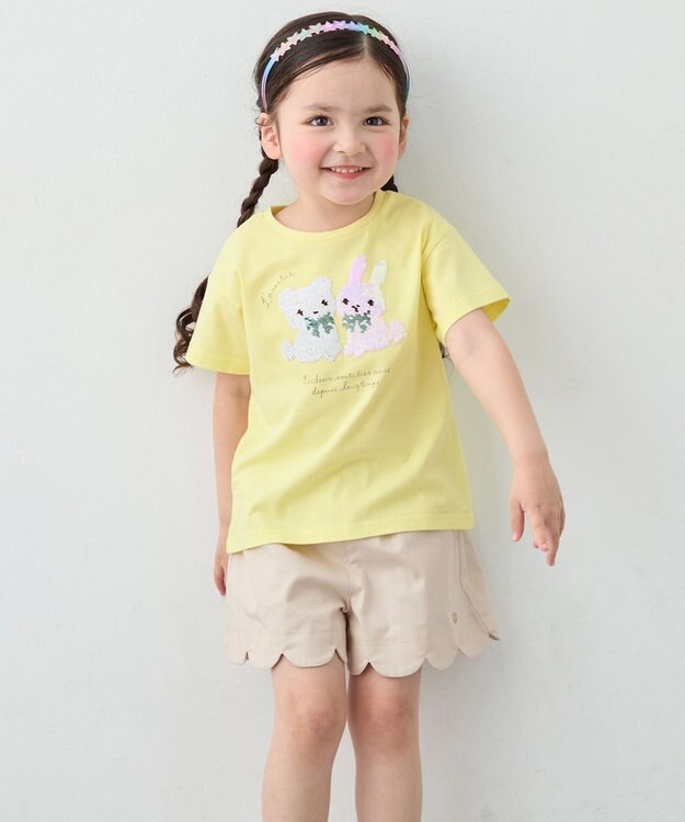 ANY KIDS 【綿100%】ドロップショルダーミラクルスパンコールTシャツ イエロー×アニマル