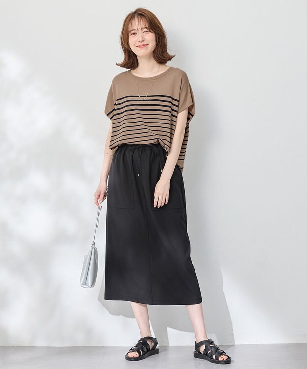 ANY L 【洗濯機可/接触冷感/UVカット/アンチピリング】フレンチスリーブニットプルオーバー モカ×ネイビー