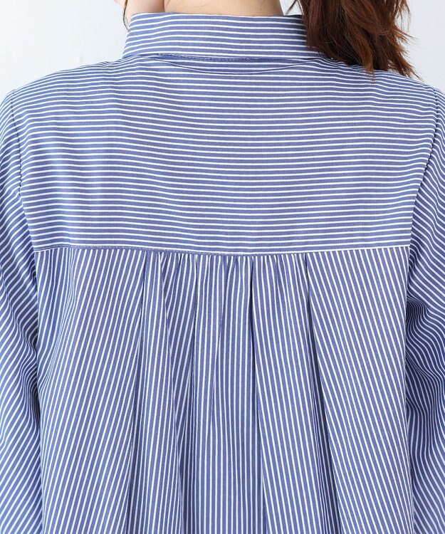 Tiaclasse 【洗える】パフ袖シャツチュニックブラウス ネイビーストライプ