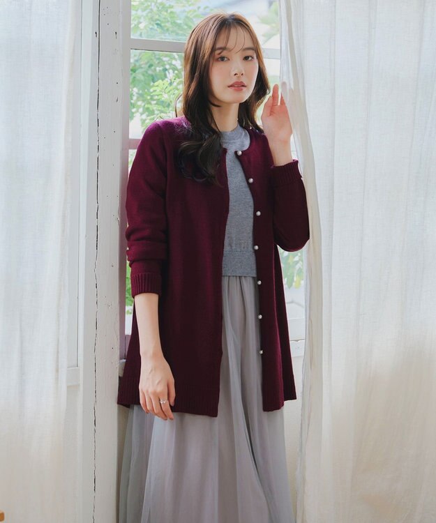 Tiaclasse 【洗える】ラウンドネックミドル丈ニットカーディガン ボルドー