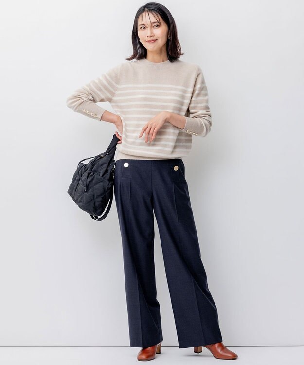 23区 S 【洗える】ピュアカシミヤ ボーダー ニット ベージュ×オフボーダー